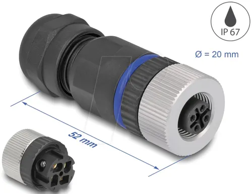 DELOCK 60536 - M12 Steckverbinder A-kodiert 4 Pin Buchse, mit Schraubanschluss