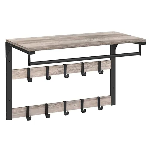 VASAGLE Wandgarderobe, mit Ablage, Wandregal mit 10 abnehmbaren Haken, Hängeregal, Wandmontage, 2 Garderobenleisten, Kleiderstange, für Flur, Schlafzimmer, Badezimmer, greige-schwarz LCR101B02