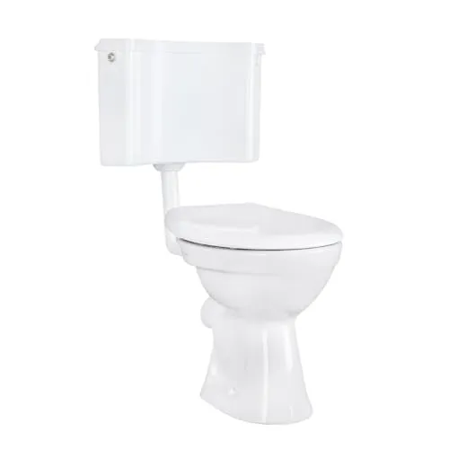 Belvit Stand WC Set Weiß mit Softclose WC Sitz - Stand-WC mit waagerechtem Abgang, Softclose WC-Sitz für sanftes Schließen und platzsparender Eckspülkasten – ideal für Wandanschlüsse und langlebig in pflegeleichter Keramik.