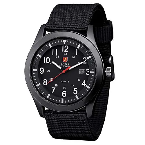 Zeiger Herren-Armbanduhr, Militär, Datum, Quarz, Analog, Sportuhr, Nylon, mit Uhrenbox, Schwarz., Armband