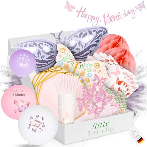 LITTLE BIRTHDAY | Schmetterling Partygeschirr Paket Set Kindergeburtstag | Party Deko| Geburtstag 8 Personen | Pappteller| Pappbecher| Servietten| Luftballons | Topper | Einladungskarten | Tütchen