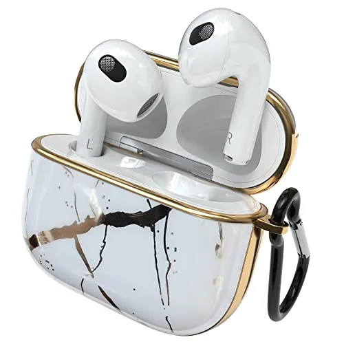 EAZY CASE - Schutzhülle für AirPods 3 Hülle Weiß Hard Case Stoßfest mit Karabiner geeignet als Schlüsselanhänger Antikratz Etui rutschfest Hardcase für Airpod 3. Generation in Marmoroptik Weiß