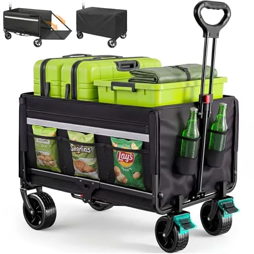 Bollerwagen Faltbar 120L Strandwagen Klappbar mit Heckklappe Regenschutz, Bremsen, Reflektorstreifen, Faltbarer Bollerwagen Für Hunde,Einkaufen,Camping,Strand,Transport,Outdoor