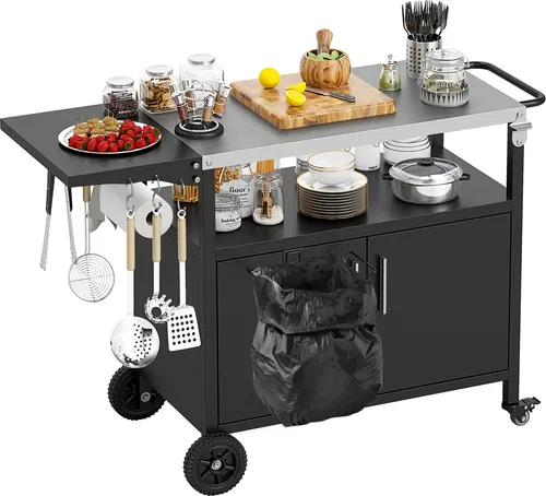 COSTWAY Grillwagen Outdoor, Grilltisch mit Edelstahlplatte, klappbarem Seitentisch, Schrank, 6 Haken & Griff, bis 100 kg, Campingtisch 127x50x84cm