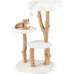 COSTWAY Kratzbaum mit Plüschsitzfläche - Kratzbaum für Katzen mit 4 Ebenen, aus Massivholz, ideal für Spiel und Entspannung, inklusive Spielball und Plüschsitzfläche für höchsten Komfort.