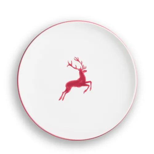 GMUNDNER KERAMIK Speiseteller mit Bordeauxrotem Hirsch - Hochwertiger Speiseteller, Ø 25 cm, handgemachte Keramik aus Österreich – robust, mikrowellen- und spülmaschinengeeignet, vereint traditionelle Eleganz mit modernem Design.
