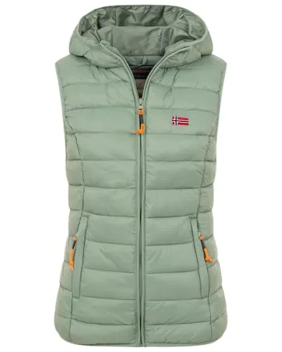 Geographical Norway Damen Steppweste mit Kapuze – Sportlich und Elegant - Leichte Damen Steppweste mit Kapuze, ideal für Übergangszeiten. Perfekt für aktive Tage und bietet vielseitige Tragemöglichkeiten. Ein Must-Have für jede Garderobe!','category':'Westen