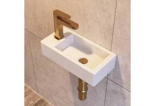 DeerValley DV-1V081L Wandmontiertes Waschbecken - Platzsparendes, modernes Wandwaschbecken aus hochwertiger Keramik, pflegeleicht und ideal für kleine Badezimmer oder Gäste-WCs. Maße: 36.83 x 7.78 x 8.89 cm.