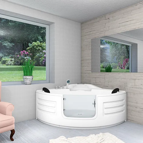 SeniorBad Eckwanne S70-TH 150x150cm mit Tür - Elegante Eckbadewanne in Weiß mit Nackenstütze und Thermostat-Steuerung. Ideal für entspannende Momente zu zweit, unkomplizierte Wandmontage und geprüftes Material.