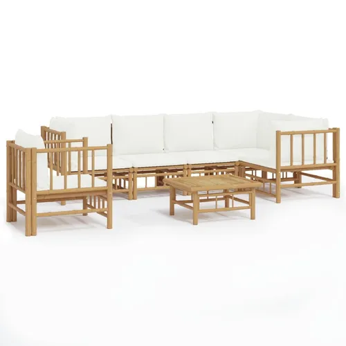 vidaXL 7-tlg. Garten-Lounge-Set mit Cremeweißen Kissen aus Bambus - Elegantes Garten-Lounge-Set aus langlebigem Bambus für höchsten Sitzkomfort. Ideal für entspannte Stunden im Freien mit gemütlichen Kissen und praktischem Tisch.