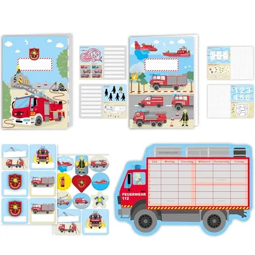 8-tlg. Schul-Set * FEUERWEHR * für Schule und Schulanfang, als Mitgebsel oder Geschenk in die Schultüte | Feuerwehrauto Feuerwehrmann Kindergeburtstag Einschulung