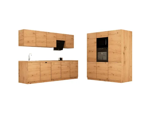 Küchenzeile 300 cm mit Mikrowellenumbauschrank – Artisan Eiche - Moderne Küchenzeile KL17-M300 in Artisan Eiche, 300 x 160 cm. Bietet viel Stauraum durch clevere Kombination von Unter- und Hängeschränken. Inklusive Hochschränken für Kühlgerät und Mikrowelle, ideal für effiziente Küchenorganisation.