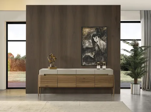 Sideboard Anrichte Kommode Holz Braun für Esszimmer - Modernes Sideboard mit 4 Schubladen und eleganter Holzoptik. Ideal für Esszimmer, Wohnzimmer oder Küche. Maße: 225 x 50 x 80 cm, pflegeleicht und mit 2 Jahren Garantie.