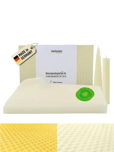 Wachsmann 15 XL Bienenwachsplatten - Kerzenwachs aus reinem Bienenwachs, ideal für kreative DIY-Kerzenprojekte. Umweltfreundlich und nachhaltig, verströmt den natürlichen Duft von Honig.