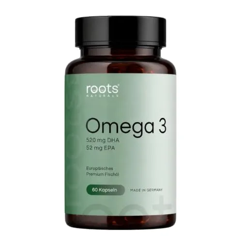 roots NATURALS® Omega 3 I Premium Fischöl [ 95% reinste Konzentration pro Tagesdosis ] 60 Mini-Kapseln – EPA 52mg I DHA 520mg
