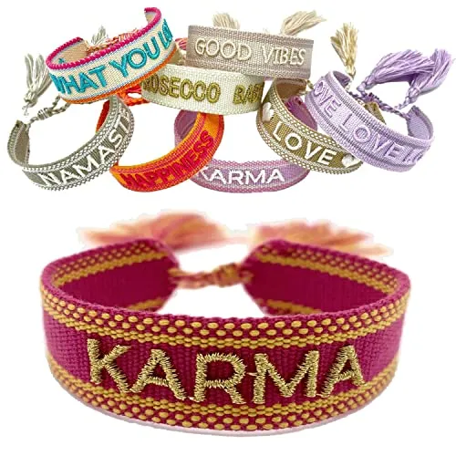 LS-LebenStil Exklusives Statement Armband - das Original - Karma Magenta Gold 16-20cm Quasten besticktes Boho Canvas Webarmband Damen Freundschaftsarmband Geschenk gewebt textil Stoffarmband