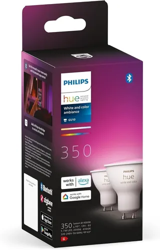 Philips Hue LED Leuchtmittel-Set GU10, 2 Stück RGBW - LED-Lampen für smartes Licht: 16 Millionen Farben, steuerbar per App oder Stimme, ideal für stimmungsvolle Beleuchtung in jedem Raum.