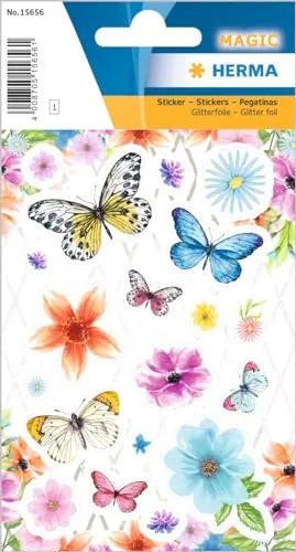 HERMA 15656 Aufkleber Blumen Glitzer - 19 kreative Schmetterlinge Sticker für Kinder, ideal zum Sammeln und Dekorieren von Alben und Karten
