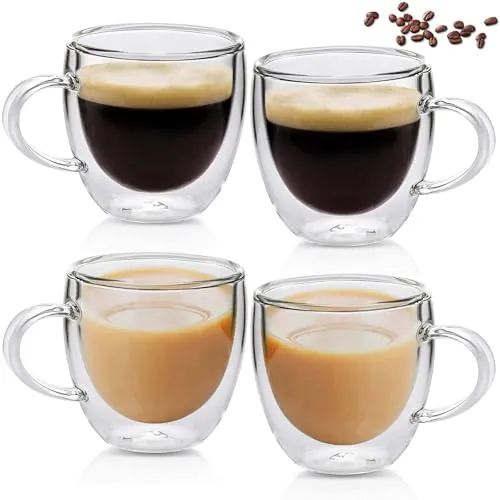 GOMETY 4 Stück Doppelwandige Latte Macchiato Gläser, 250ml Borosilikatglas Kaffeegläser mit Henkel, Hitze und Kältebeständigkeit Kaffeetassen Glas für Cappuccino Latte Tee Kaffee Milch Saft Bier