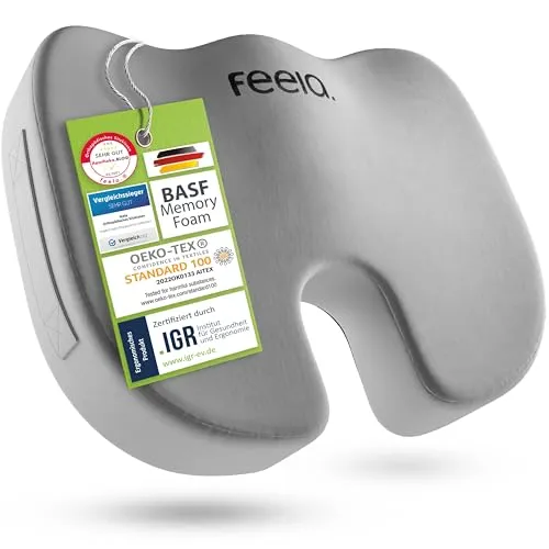 feela.® Orthopädisches Sitzkissen - Ergonomisches Design für optimalen Sitzkomfort - Rücken- & Sitzkissen mit U-förmigem, ergonomischem Design, das Schmerzen reduziert und die Durchblutung fördert. Ideal für Büro, Auto und Reisen - inkl. E-Book für Schmerzprävention.