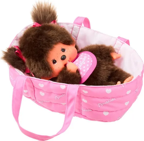 Sekiguchi 204069 - Monchhichi Mädchen mit Herz-Latz und Bettchen - Weich- & Stoffpuppen: Kuscheltier aus braunem Plüsch, 20 cm groß, inklusive Stoffbettchen und Nuckel - das perfekte Geschenk für Kinder und Sammler!