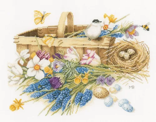 Lanarte Frühlingsblumen Kreuzstichset mit Vogelnest