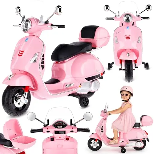 Vespa Elektro Kindermotorrad ab 3 Jahren mit Kunststoffräder und -sitze, Kofferraum, MP3-Player, USD MicroSD AUX-Anschluss. Elektroroller, Kinderroller (Hellrosa)
