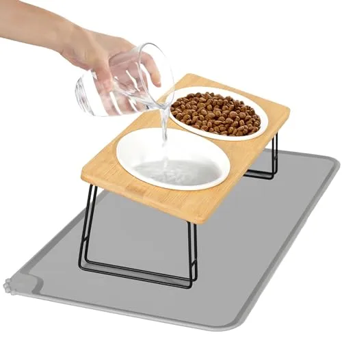 Otauoaea Katzennapf Erhöht -2er Set Futternapf Katze aus Keramik mit Napfunterlage Silikon,Ergonomischer Futterstation 15°gekippte Katzen Hundenapf,Fressnapf und Wassernapf für Katzen und kleine Hunde