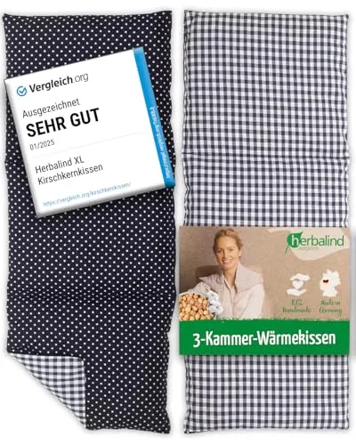 Kirschsteine Herbalind XL Kirschkernkissen Nacken Schulter - Körnerkissen 3 Kammer Handmade in Germany - 100% Baumwolle, Wärmekissen Mikrowelle - Geschenk für Herren, 900g, 50x20cm blau 3000