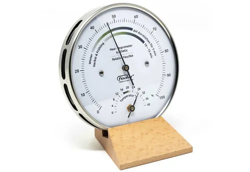 Fischer Klimamesser 122.01HT - Wohnklima-Hygrometer mit Thermometer - Feuchtigkeitsmessgerät für gesunde Raumluft, zeigt optimales Klima dank farbiger Bereiche. Made in Germany, wahlweise als Wand- oder Tischgerät nutzbar.