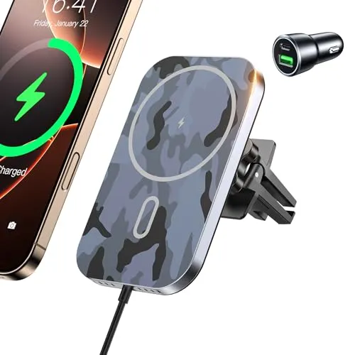 15W für Mag Safe Autohalterung mit Ladefunktion, Mag-Safe Ladegerät Auto Lüftung Wireless Car Charger KfZ Magnet Handyhalterung für i-Phone 16 15 14 13 12 Pro Max Mini Plus, mit Adapter (Tarnung)