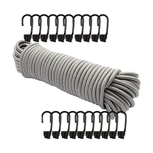 Dreamprint Expanderseil 6mm Grau 30m Seil Spannseil Planenseil Gummileine elastisches Gummiseil für Anhängerplane mit 20x Spiralhaken