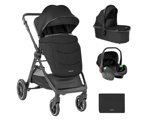 Kikka boo Kombikinderwagen Ava 3 in 1 - Vielseitiger Kombikinderwagen mit Babywanne, Babyschale und praktischem Zubehör, ideal für Familien unterwegs. Leicht, faltbar und ausgestattet mit 360° drehbaren Gummirädern für optimale Manövrierbarkeit.