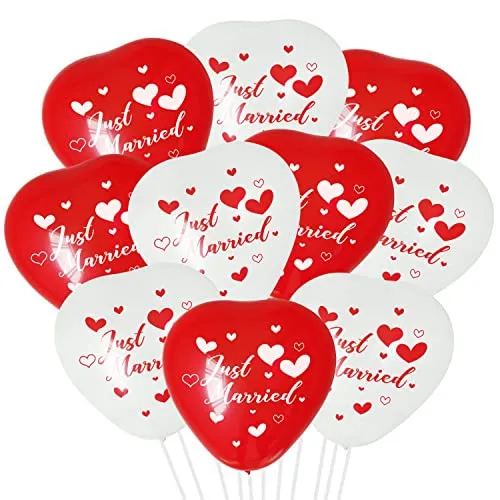 Oblique Unique® Herz Luftballon Set - 10 Just Married Herz Ballons für Hochzeit Party Deko Hochzeitsdeko Rot Weiß
