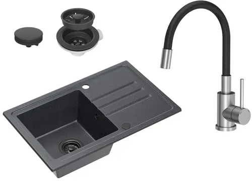 VBChome Granitspüle Schwarz mit Armatur und Siphon 70 x 44 cm - Moderne Granitspüle mit reversibler Einbaulösung und praktischer Abtropffläche. Hochwertiges Design, hitzebeständig und leicht zu reinigen – ideal für jede Küche.