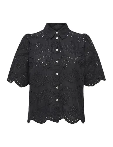 Onlvalais S/S Shirt WVN - Blusen & Tuniken für Damen, lässiges kurzärmeliges Hemd für Jugendliche mit besticktem Design und klassischem Hemdkragen