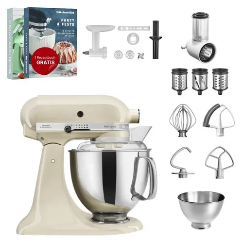 KitchenAid 4,8 L 5KSM175 Artisan Küchenmaschine Set mit Zubehör - Vielseitiges Küchenmaschinen-Set für kreative Kochabenteuer. Inklusive Edelstahlschüsseln, Gemüseschneider und Fleischwolf – ideal für jede Zubereitung in der Küche.