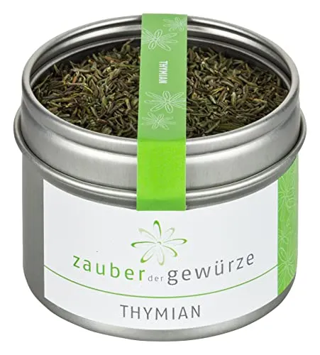 Zauber der Gewürze Thymian - getrocknet und gerebelt als Gewürz oder als Thymian-Tee, Thymianblätter für mediterrane Gerichte, Top-Qualität in wiederverschließbarer Aroma-Dose, 25 g