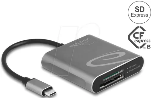DELOCK 91000 - Externer USB-C Card Reader mit 2 Slots - Kartenleser für SD Express und CFexpress mit gleichzeitiger Nutzung aller Slots. Ideal für schnelle Datenübertragungen bis zu 10 Gbps, perfekt für Fotografen und kreative Profis.