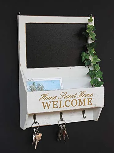 DanDiBo Wandorganizer Vintage Schlüsselbrett Holz mit Ablage 93751 Weiß 40cm Schlüsselboard Briefablage Kreidetafel Schlüsselkasten Shabby Chic Memoboard