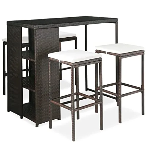 vidaXL 5-tlg. Gartenbar-Set mit Kissen - Poly Rattan Braun - Gartenmöbel-Set aus wetterbeständigem PE-Rattan, ideal für Balkon und Terrasse. Bequeme, abnehmbare Kissen und robuster Stahlrahmen sorgen für Langlebigkeit und Komfort.