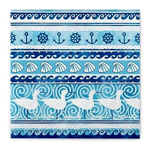 Sovie HOME Serviette SEASIDE aus Linclass Airlaid, 40 x 40cm, 12 Stück, stoffähnliche Einwegserviette, maritimes Design in Blautönen, Tischdeko, Party, Strandfeeling