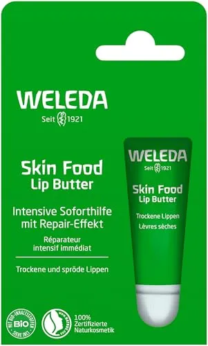 WELEDA Bio Skin Food Lip Butter Lippenpflege - Naturkosmetik Pflege Lippenbalsam Soforthilfe für spröde & trockene Lippen. Nachhaltiger Lippenstift mit Bienenwachs, Lanolin & Sonnenblumen Öl (1x 8ml)