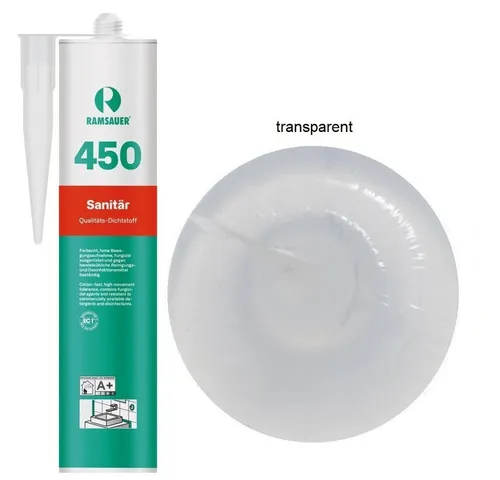 Ramsauer Dichtstoff Ramsauer 450 Sanitär Silikon Dichtstoff 310ml Kartusche transparent, gebrauchsfertig, chemisch widerstandsfähig, schnellhärtend, UV-beständig, pilzhemmend