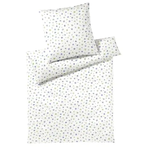 Elegante Mako Jersey Bettwäsche Petals azurblau - 1 Bettbezug 155 x 220 cm + 1 Kissenbezug 80 x 80 cm - Bettwäsche-Sets mit floralem Muster in zarten Farben und hochwertiger Jersey-Qualität, hergestellt in Deutschland, pflegeleicht und trocknergeeignet.