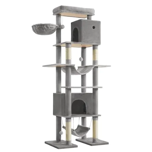 Feandrea Kratzbaum groß, Katzenbaum XXL, mehrstöckiger Katzenkratzbaum, 201 cm hoch, mit Einer Plattform, Einer Liegemulde, 2 Katzenhöhlen, 2 Hängematten, Kippschutz, hellgrau PCT195G01