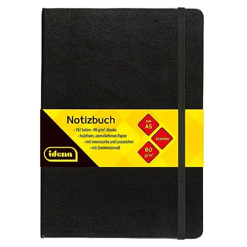 Idena 10054 - Notizbuch DIN A5, blanko, Papier cremefarben, 192 Seiten, 80 g/m², Hardcover in Schwarz