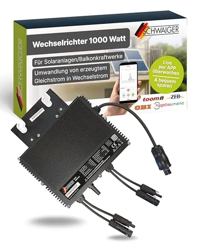 Schwaiger Wechselrichter SOWR1000 1000W - Balkonkraftwerke, leistungsstarker Wechselrichter mit 1000W Spitzenleistung, der per App aufgeschaltet werden kann und effizient Gleichstrom in Wechselstrom umwandelt.