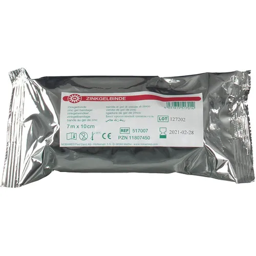 Zinkgelbinde 10 cm x 7 m - Venenstärkung und optimale Unterstützung bei Thrombosen und Varizen, kühlende Eigenschaften bei Sportverletzungen, einzeln verpackt für hygienische Anwendung.