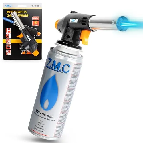 Z.M.C Gasbrenner, Schweißbrenner Flambierbrenner bis zu 1300°C, Bunsenbrenner Lötlampe 1,3kW, Lötbrenner, Küchenbrenner Abflammgerät mit einstellbarer Flamme (Gasbrenner Gasanzünder)
